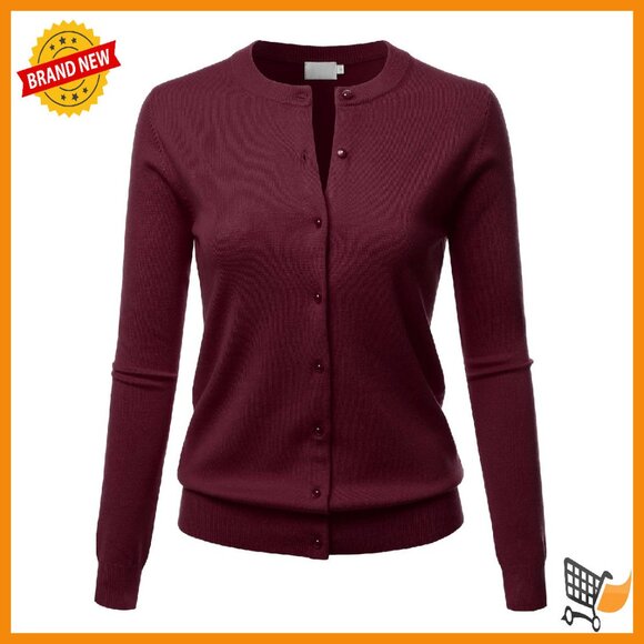 Soft Knit Cardigan Sweater with Gem Buttons Crew Neck Long Sleeve